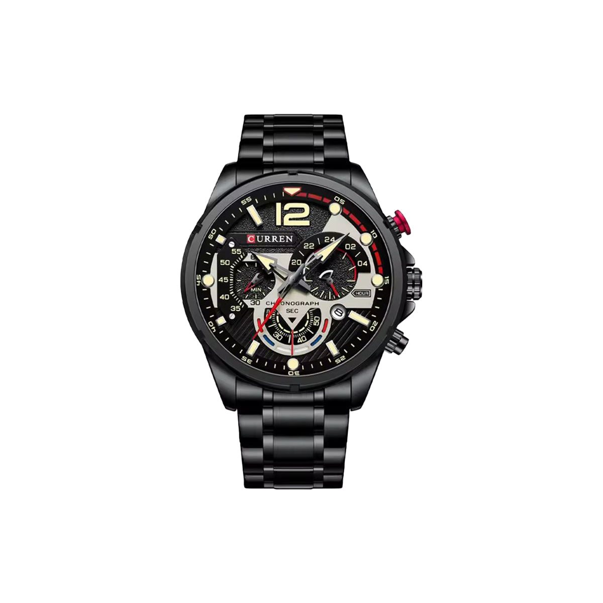 Black wristwatch with detailed face on a white background