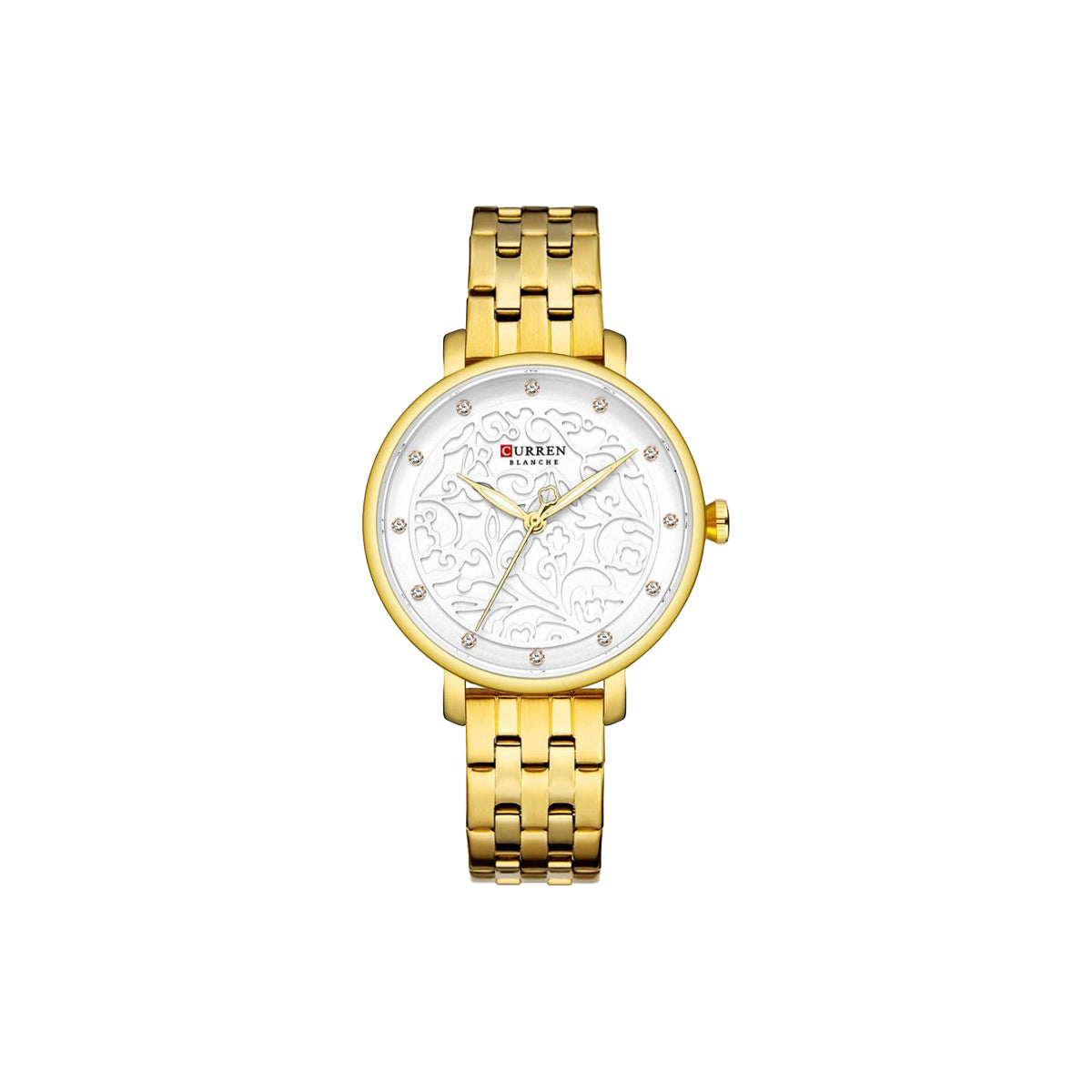 Gold wristwatch with white face on a white background