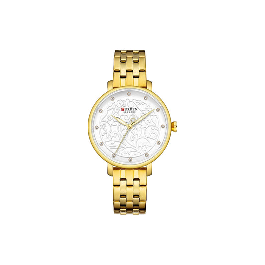 Gold wristwatch with white face on a white background