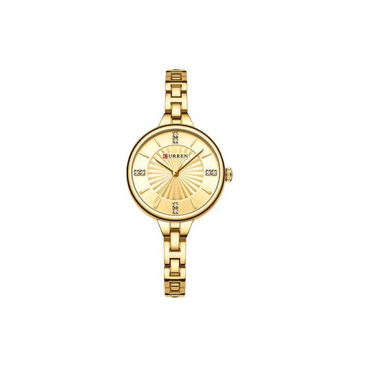 Gold wristwatch with a white background