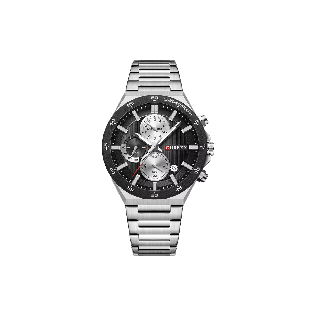 Silver watch with black face on a white background