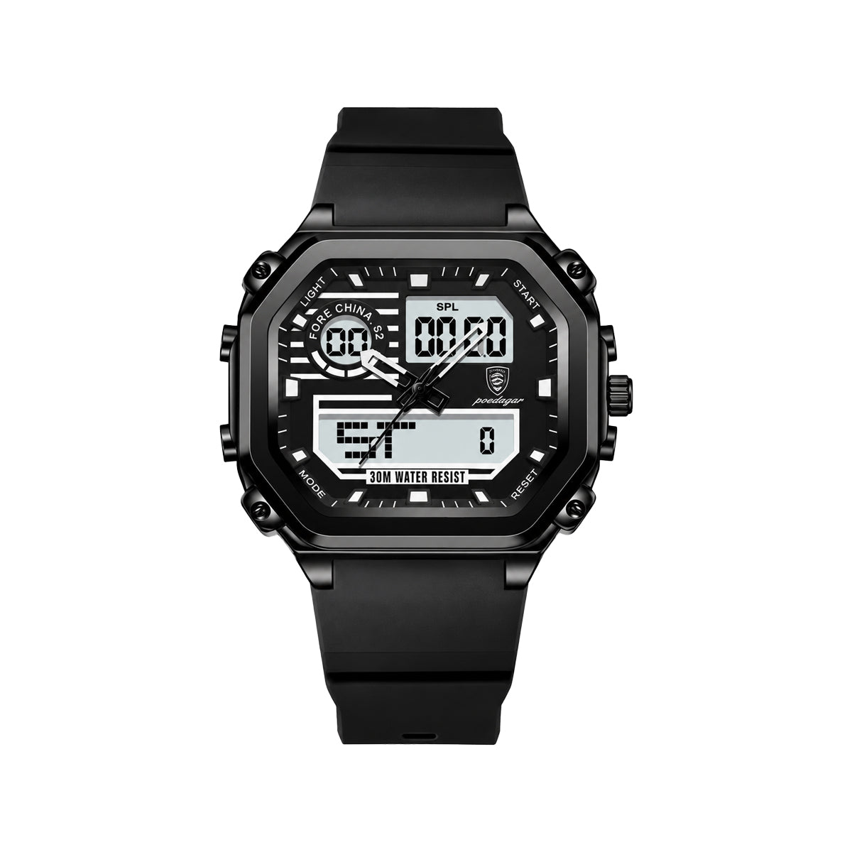 POEDAGAR 993 Men’s Sports LED Watch Black– Waterproof Luminous Week Date Silicone Wristwatch