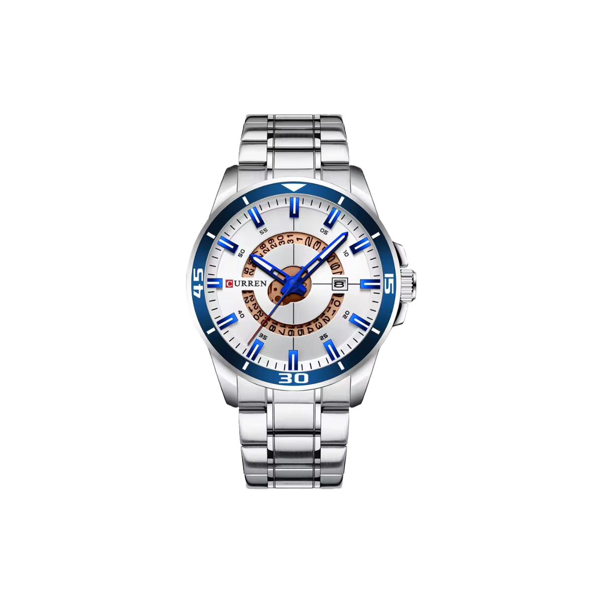 Silver watch with a blue and white face on a white background