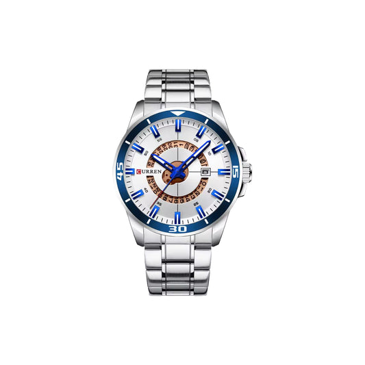 Silver watch with a blue and white face on a white background