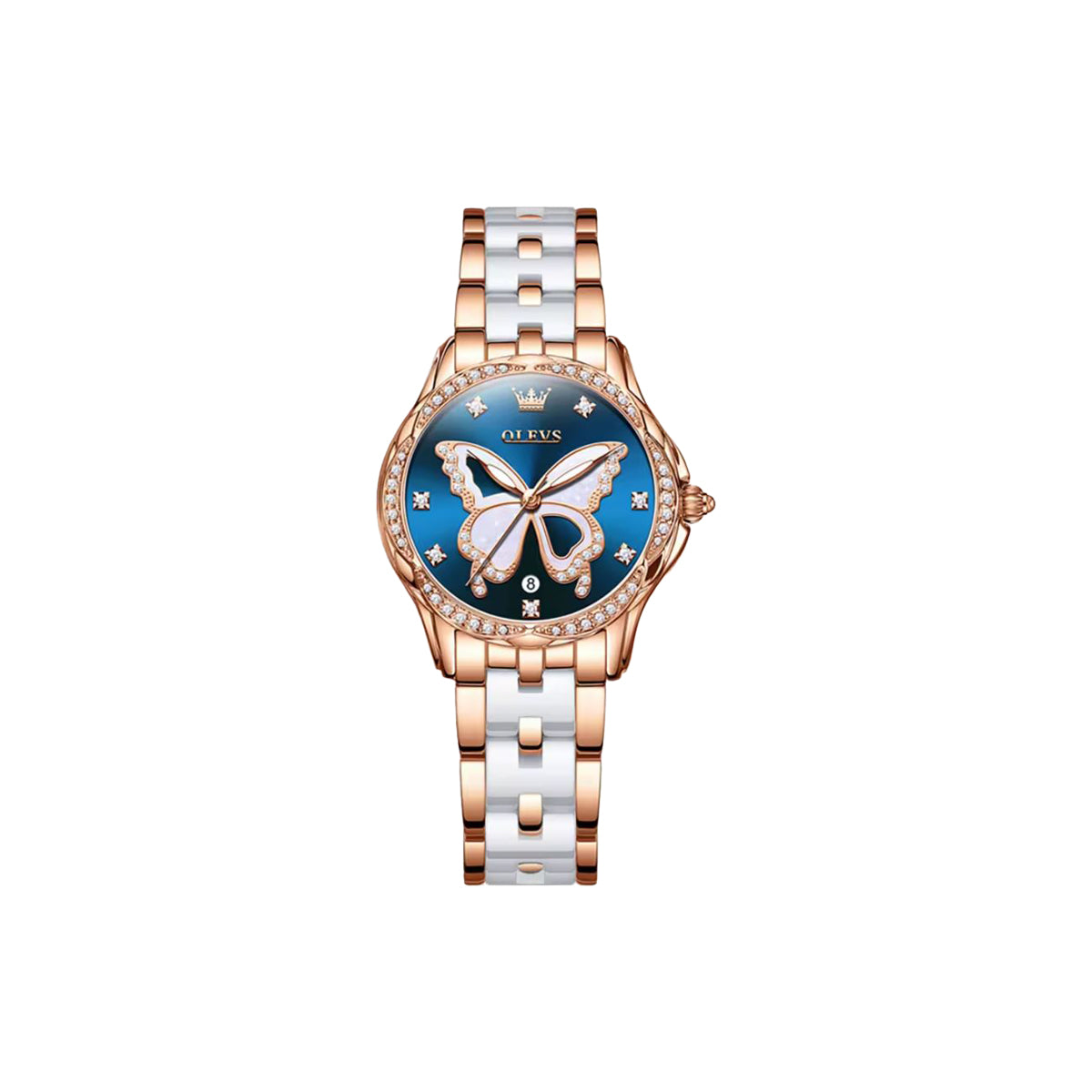 Luxury watch with butterfly design on a blue background