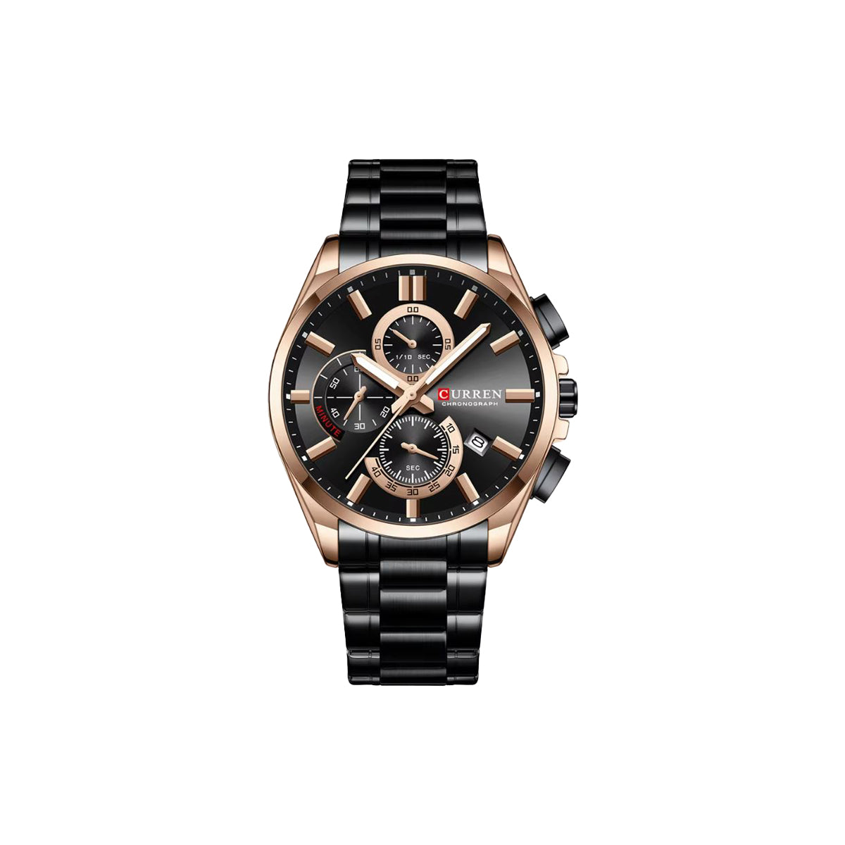 Black and rose gold watch with brand name on a white background