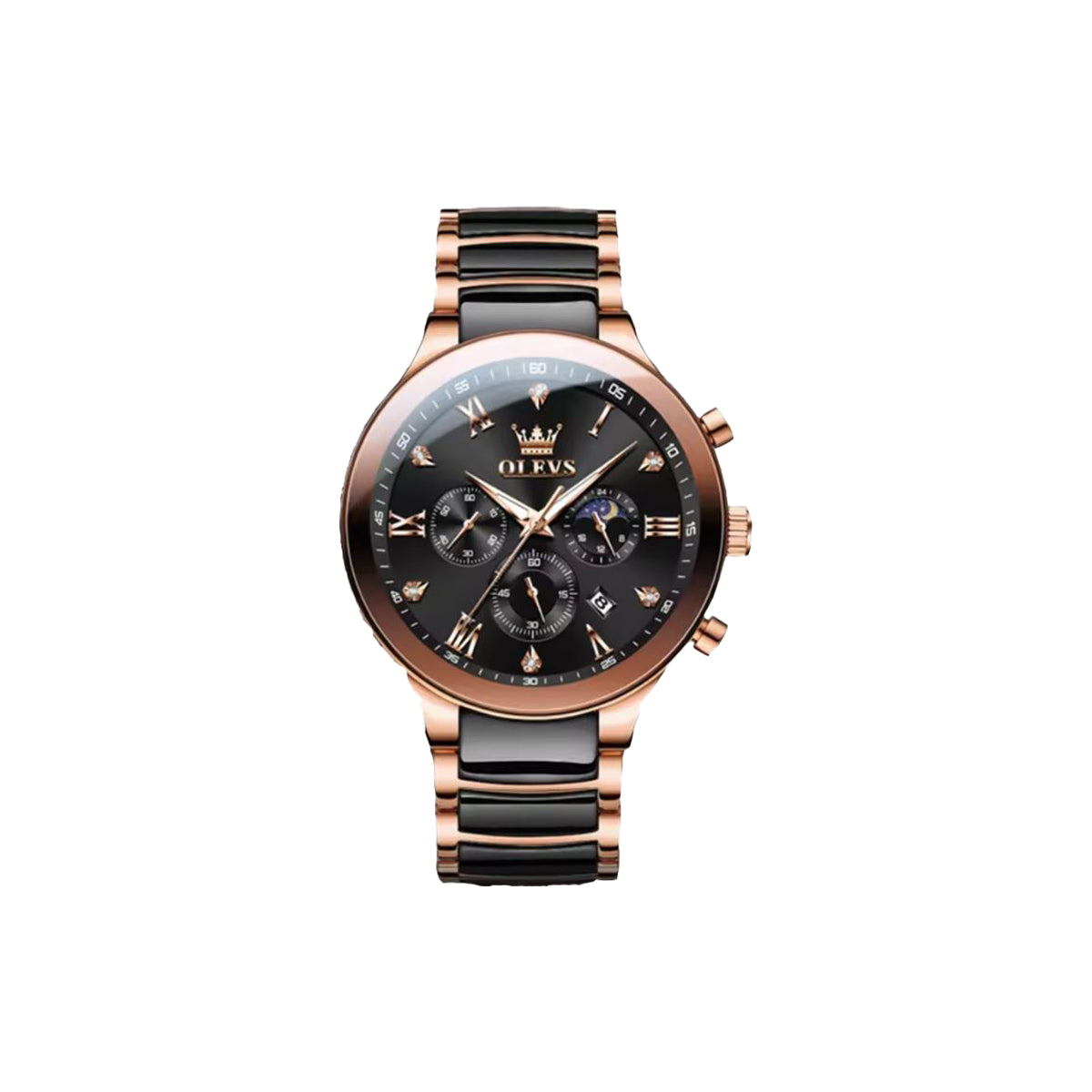 Luxury watch with black and rose gold design on a white background