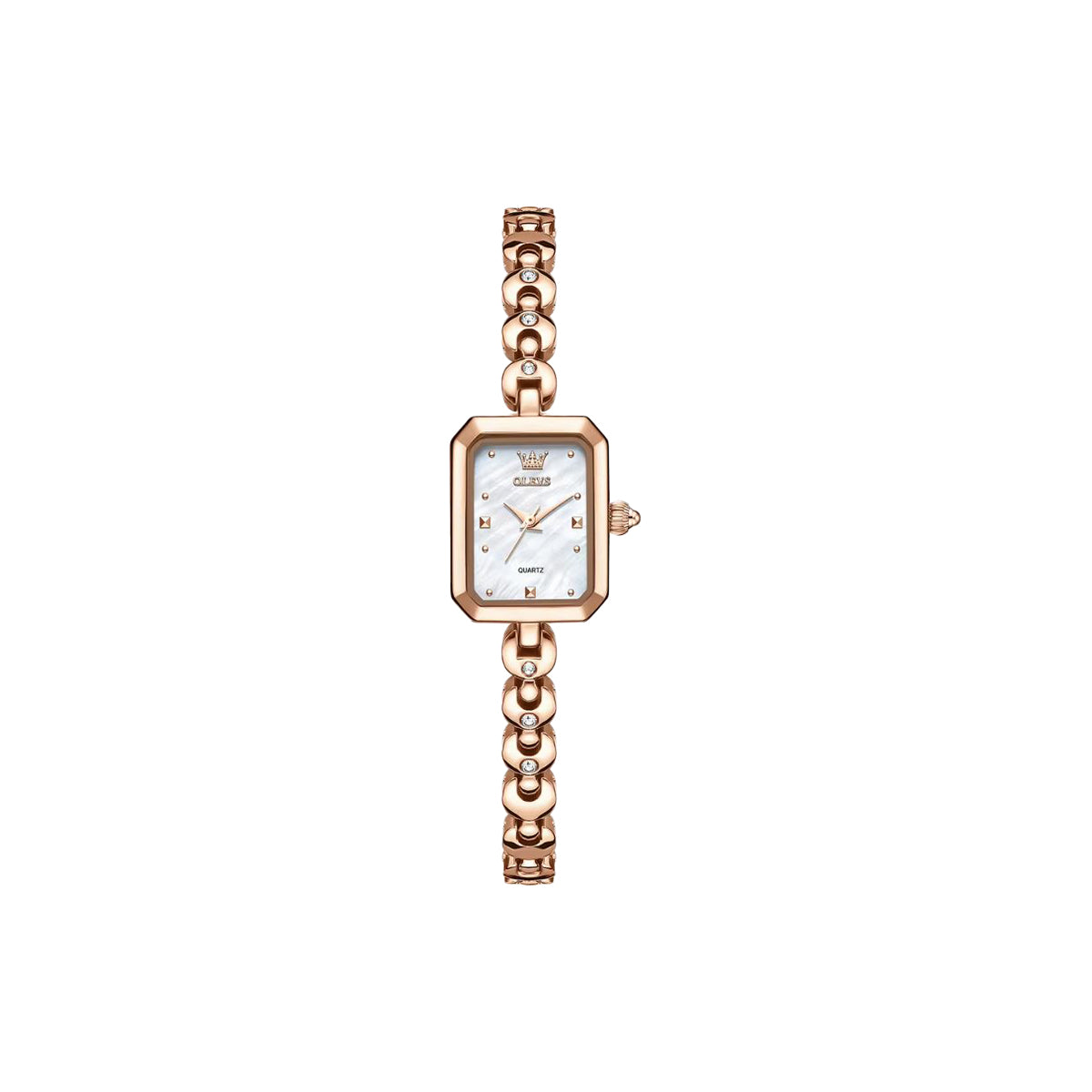 Rose gold watch with a white face on a white background