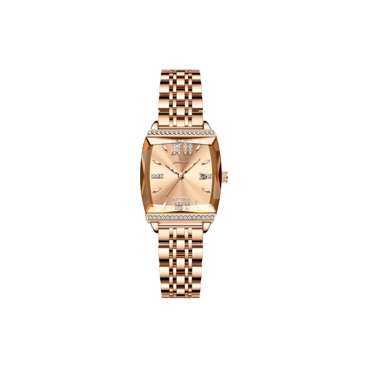 Rose gold watch with diamond-studded face on a white background