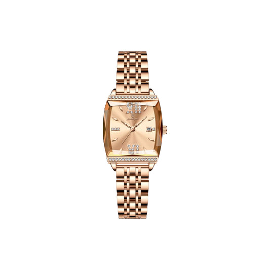 Rose gold watch with diamond-studded face on a white background