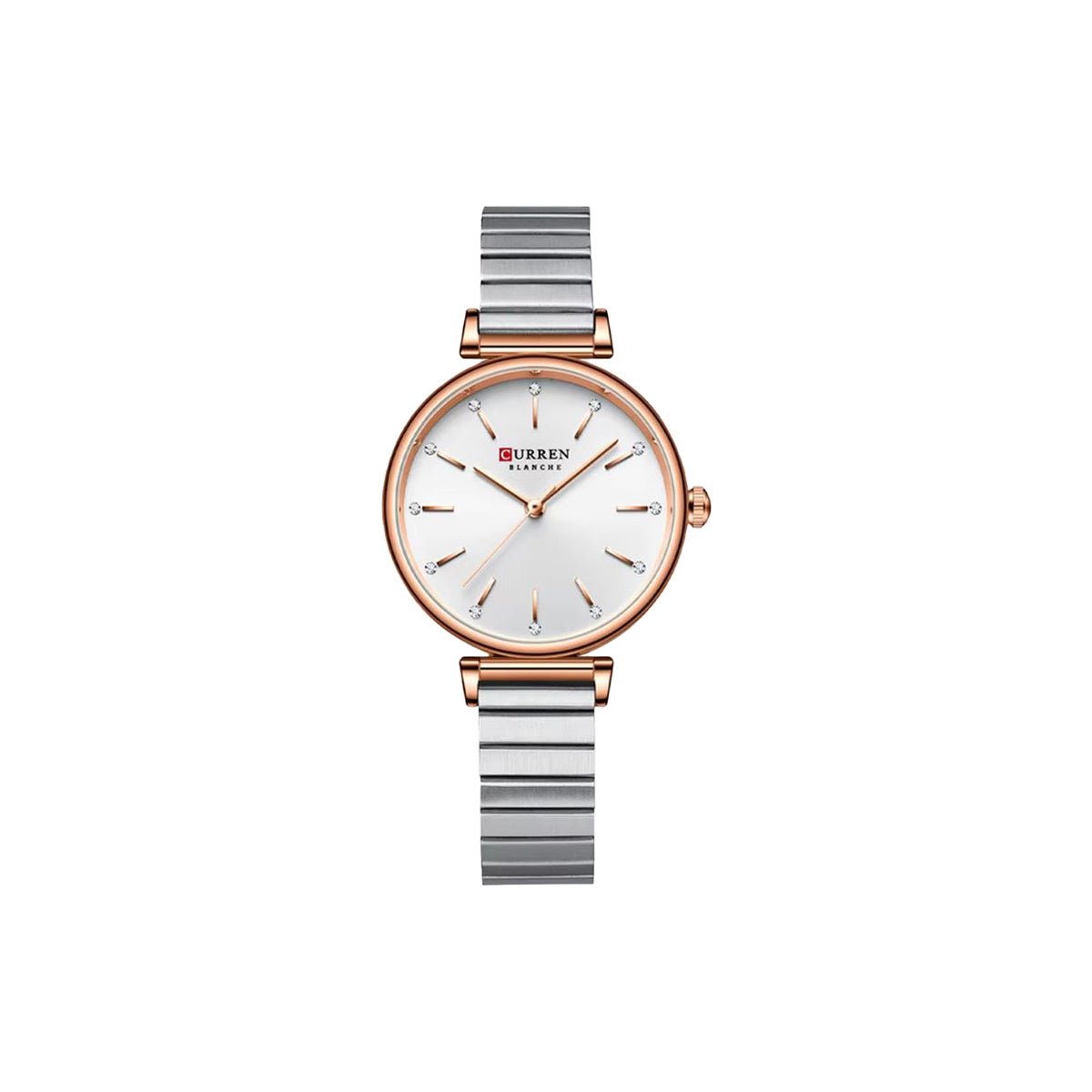 Wristwatch with silver and rose gold band on a white background
