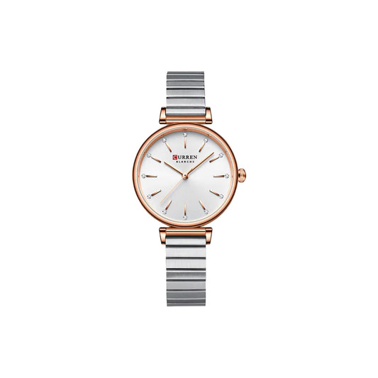 Wristwatch with silver and rose gold band on a white background