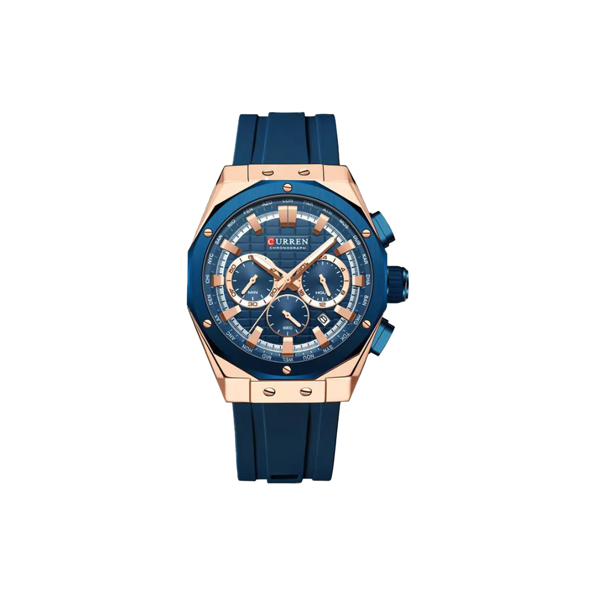 Blue watch with rose gold accents on a white background
