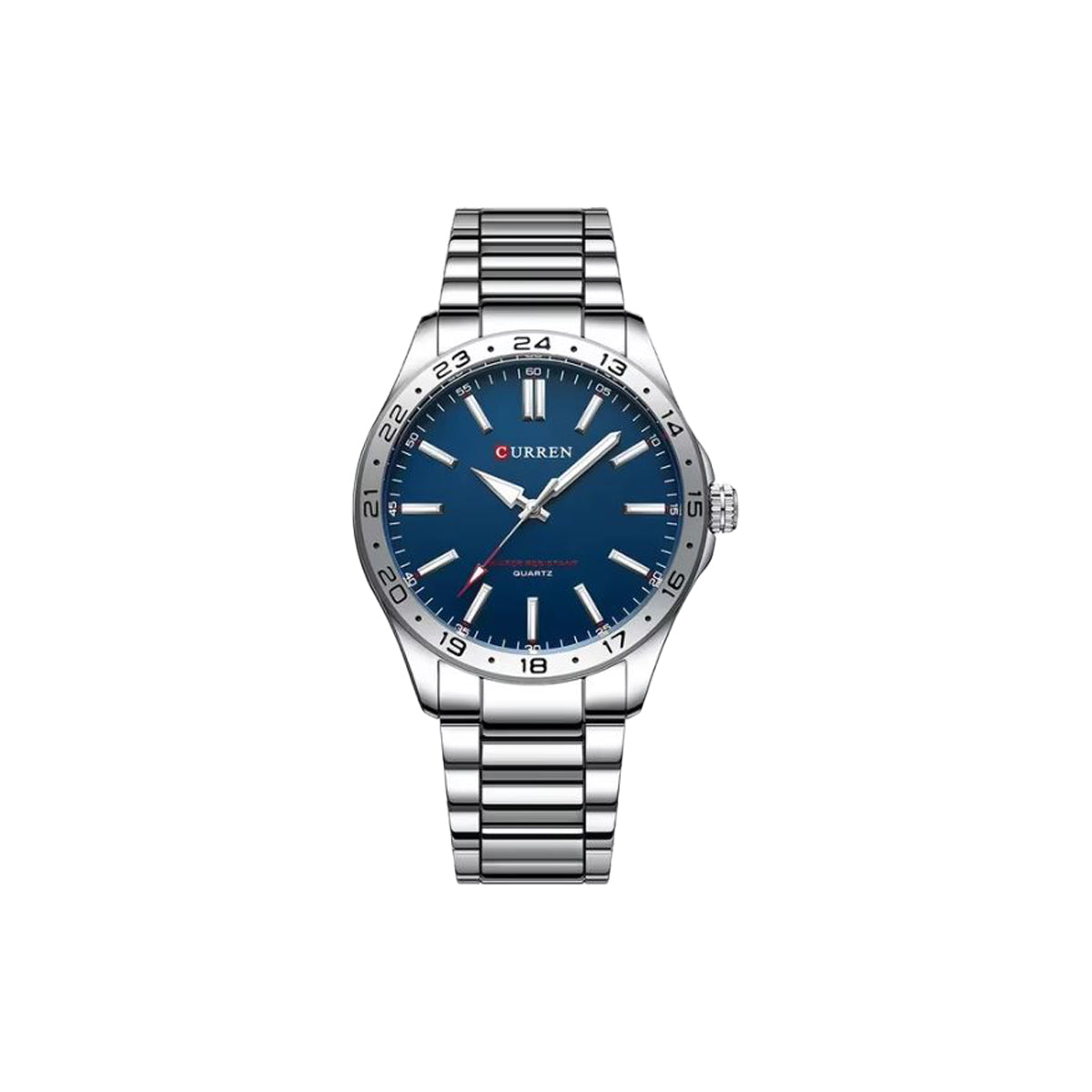Silver watch with blue dial on a white background
