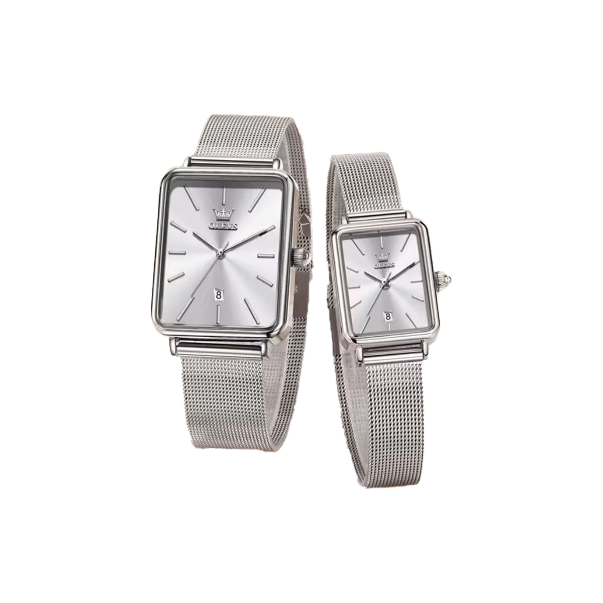 Two silver watches with mesh straps on a white background