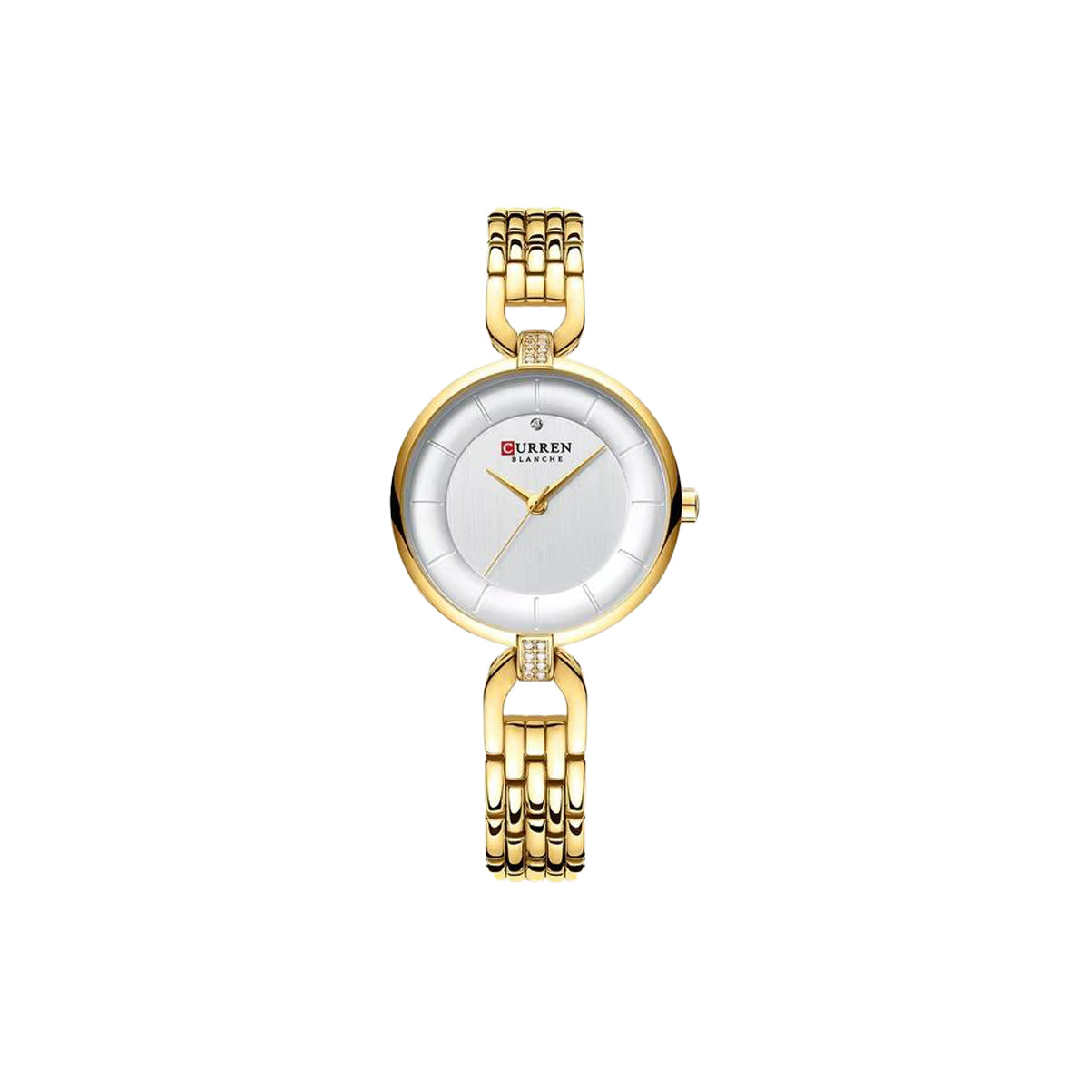 Gold and silver watch with white face on a white background