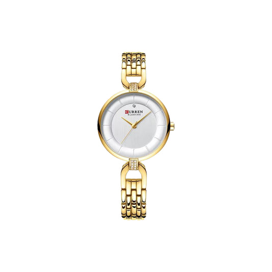 Gold and silver watch with white face on a white background