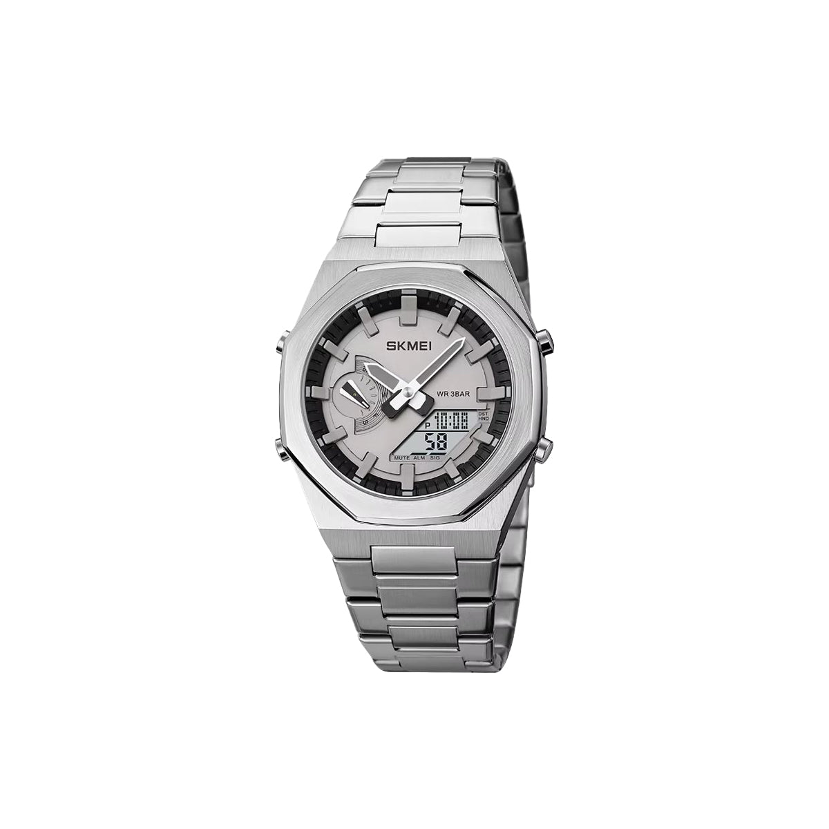 Silver digital watch with metal band on a white background