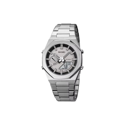 Silver digital watch with metal band on a white background
