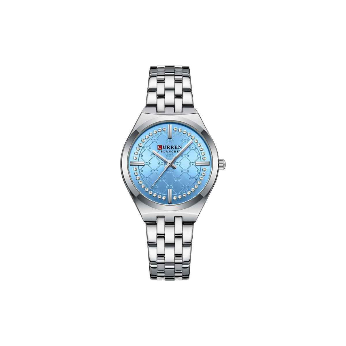 Silver watch with a blue face on a white background