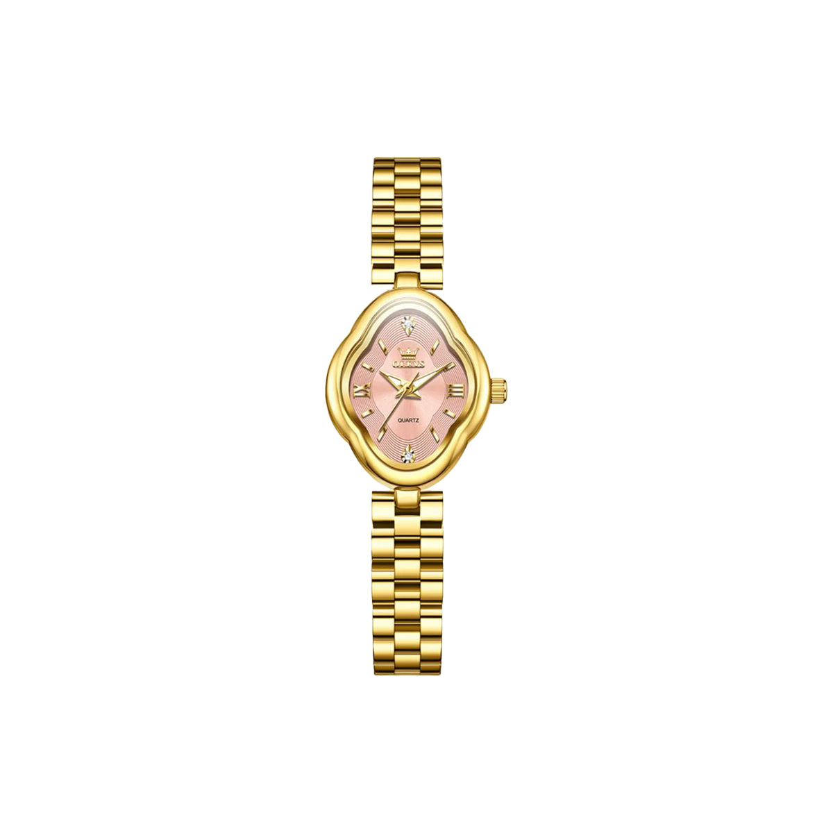 Gold watch with a pink face on a white background