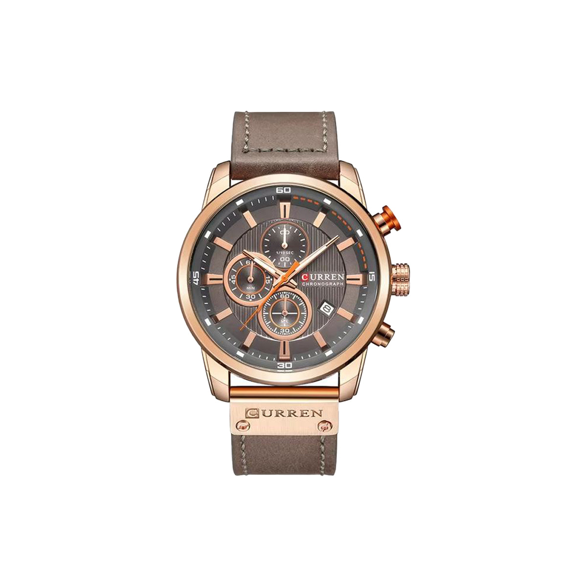 Wristwatch with brown leather strap and rose gold casing on a white background