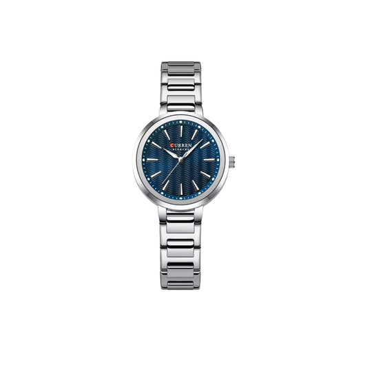 Silver watch with blue dial on a white background
