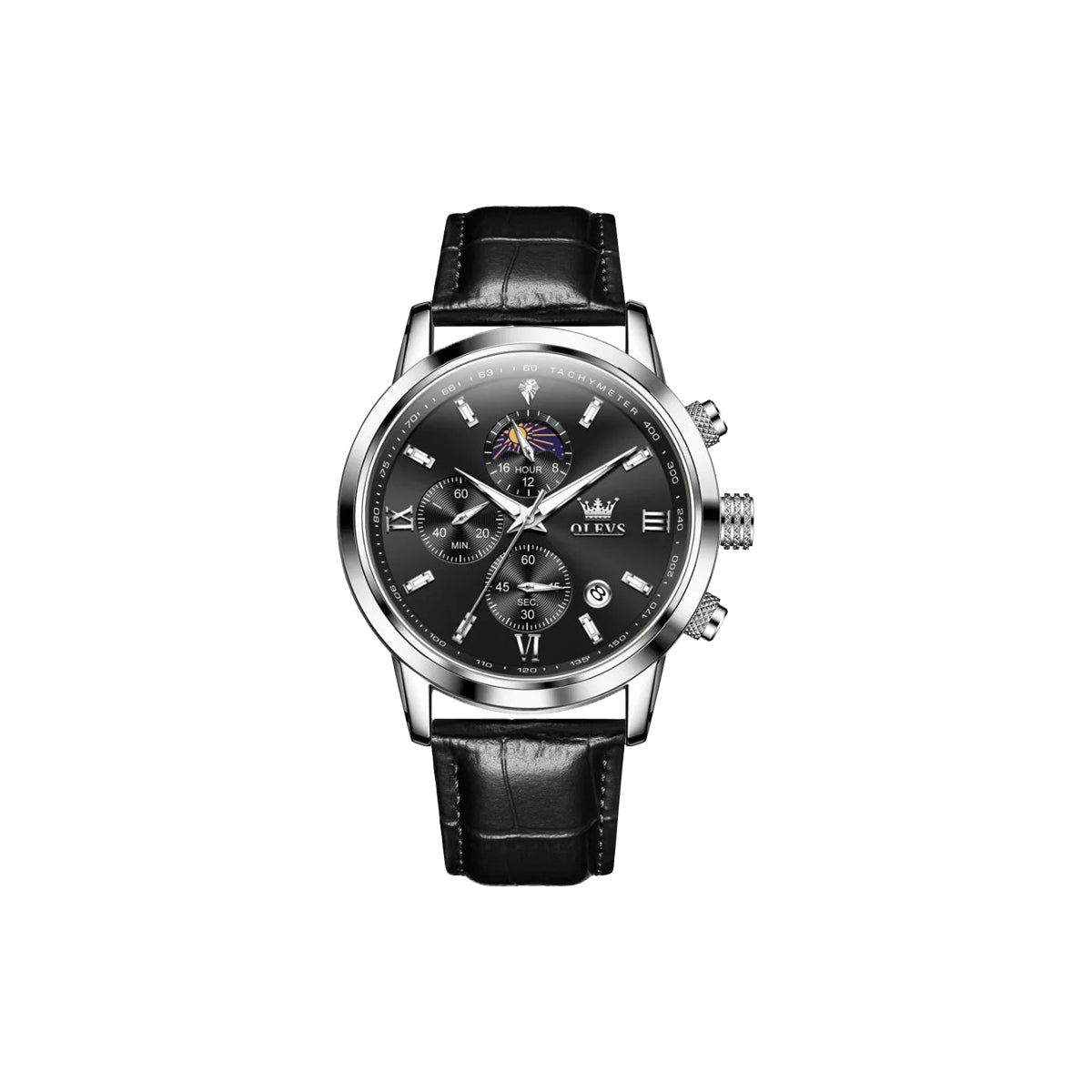 Black wristwatch with detailed face on a white background