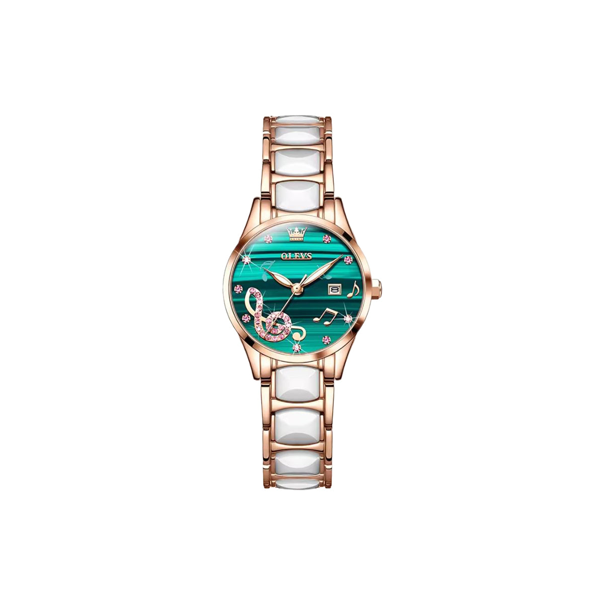 Wristwatch with green dial and rose gold case on a white background