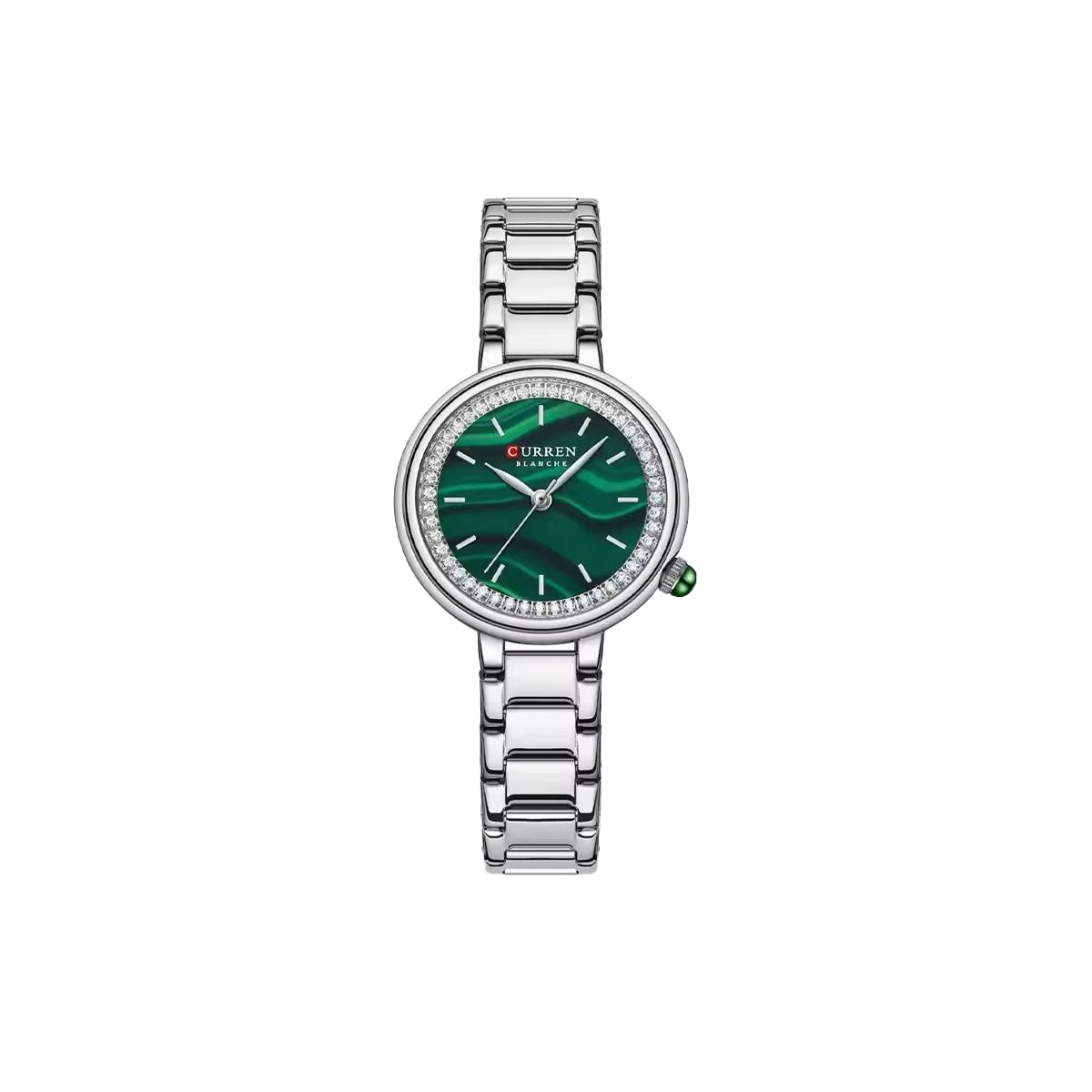 Silver watch with a green face on a white background
