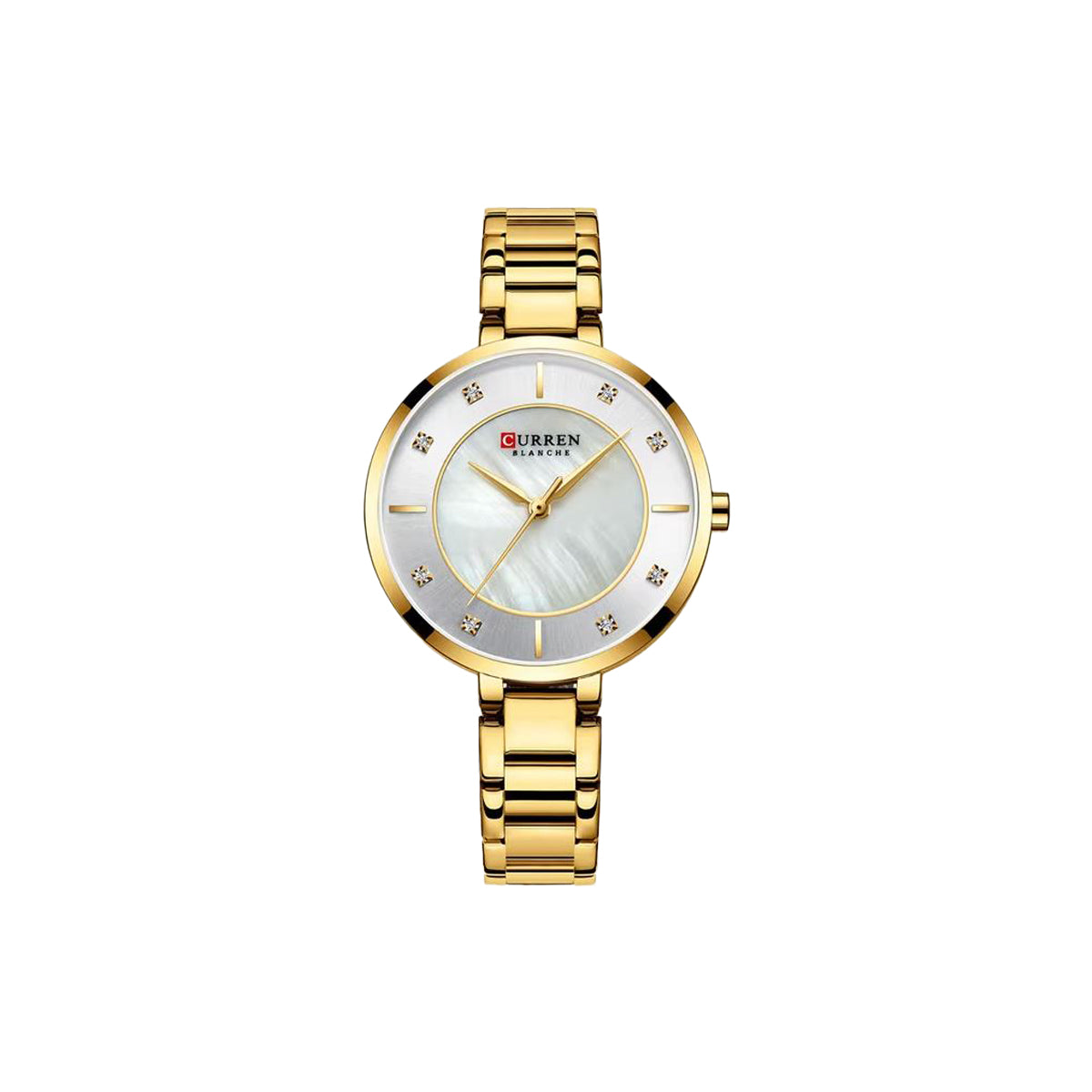 Gold wristwatch with a white face on a white background