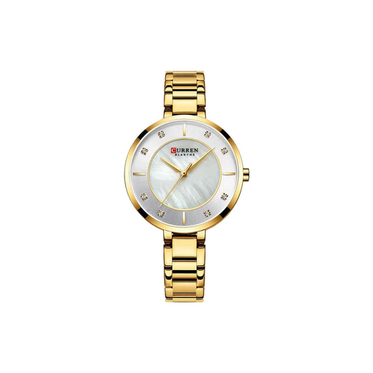 Gold wristwatch with a white face on a white background