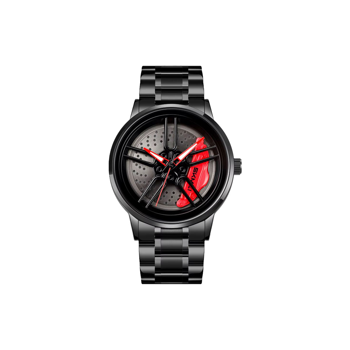 Black watch with red accents on a white background