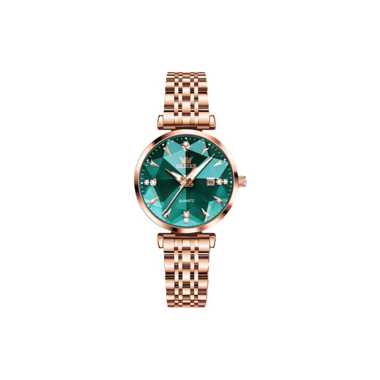 Wristwatch with green dial and rose gold metal strap on a white background