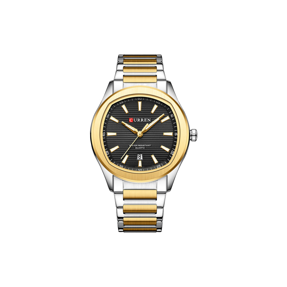 Two-tone watch with black face on a white background