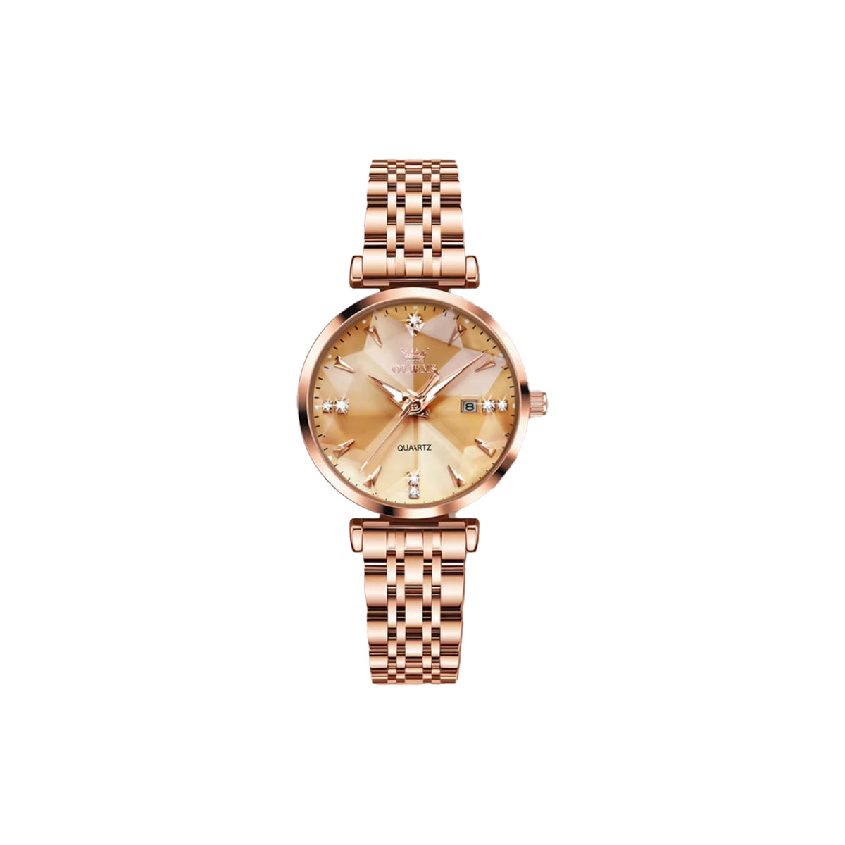 Rose gold watch with a white background
