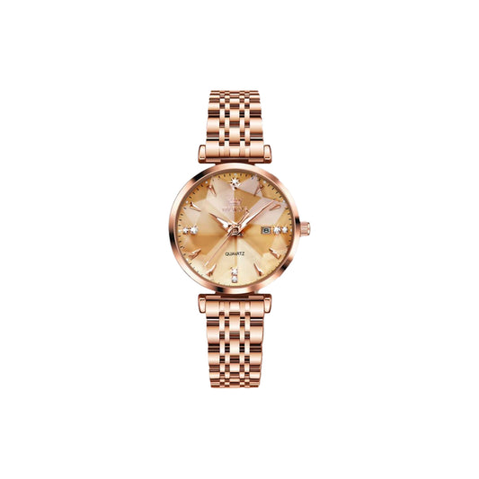 Rose gold watch with a white background