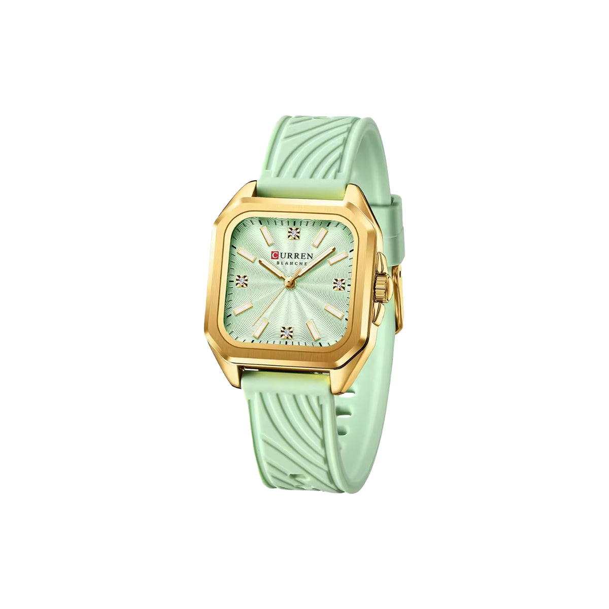 Mint green watch with gold accents on a white background