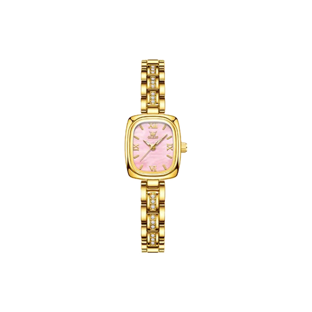 Gold watch with a pink face on a white background