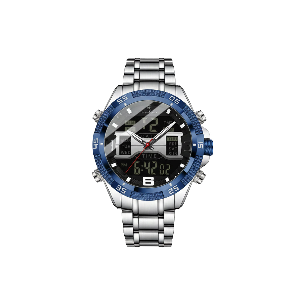 Silver and blue wristwatch with digital display on a white background