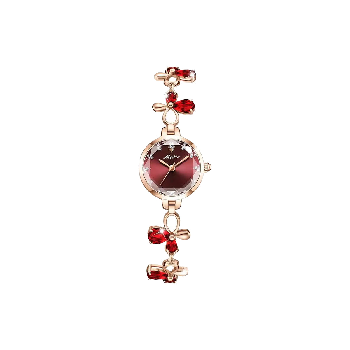 MEIBIN 1673 Women’s Fashion Butterfly Bracelet Watch – Red Dial Quartz Water Diamond Wristwatch