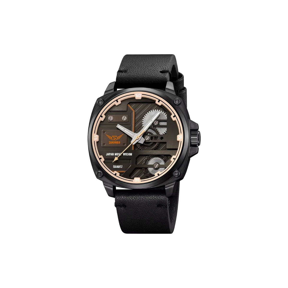 Black watch with detailed face on a white background