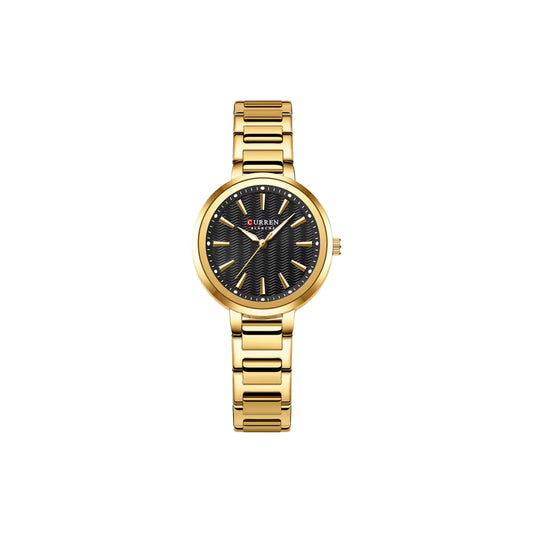 Gold wristwatch with black dial on a white background