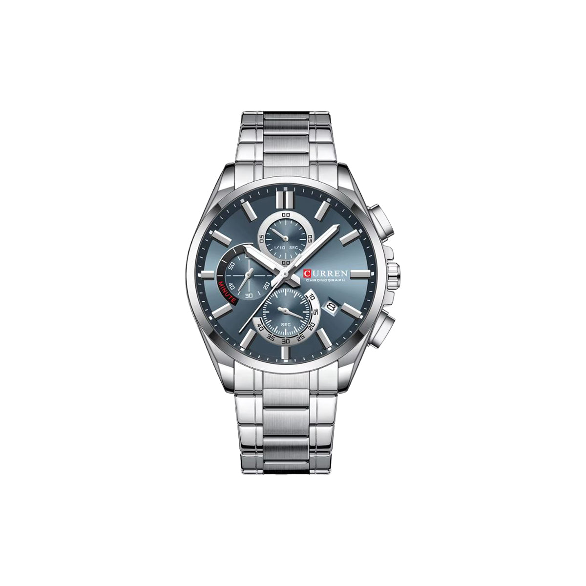 Silver watch with a blue face on a white background