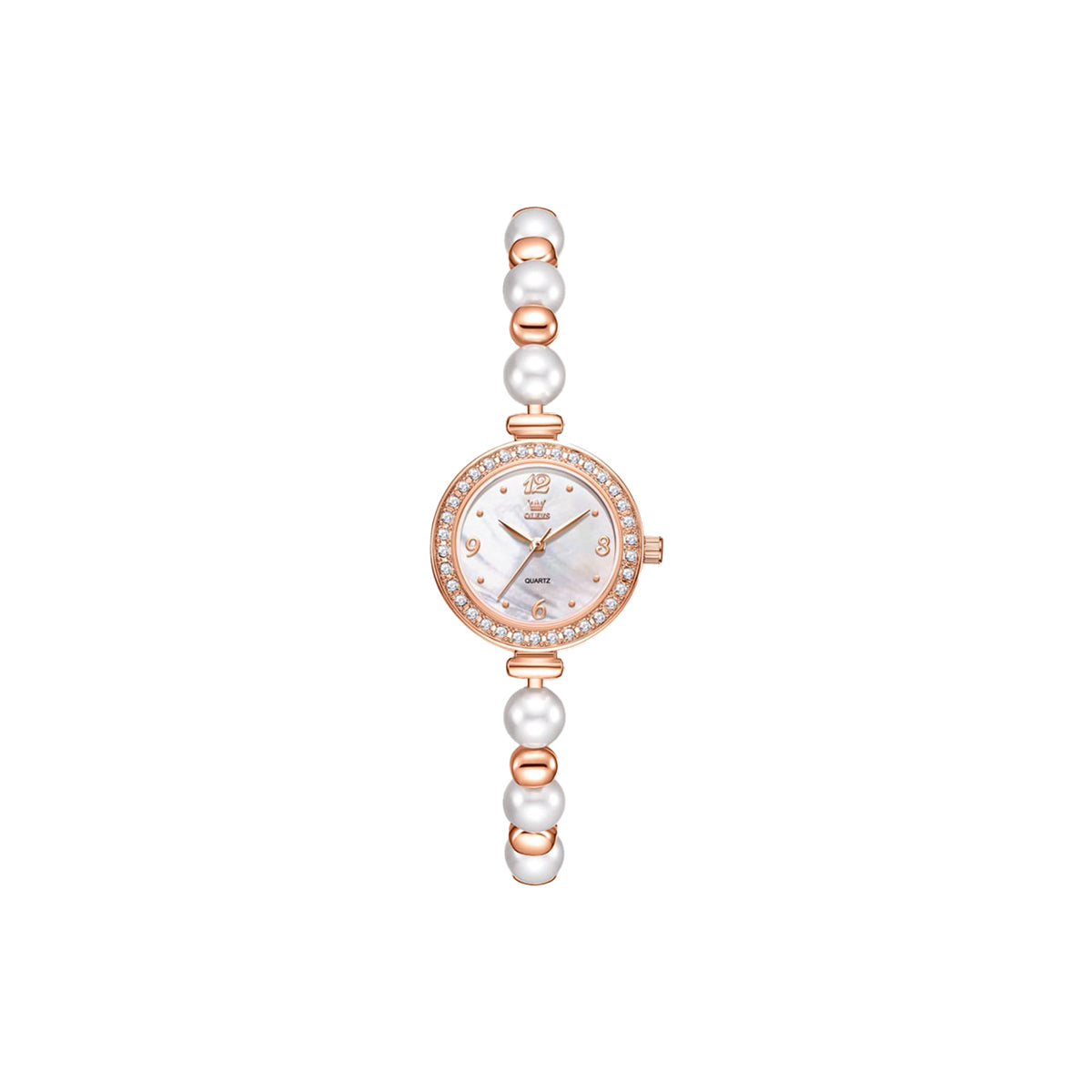 Rose gold watch with pearl bracelet on a white background