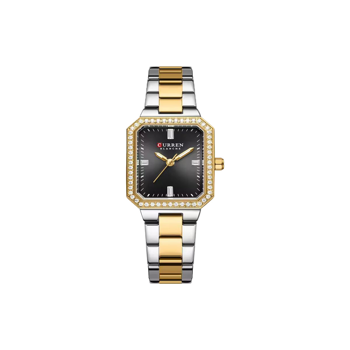 Two-tone watch with black face and diamond accents on a white background