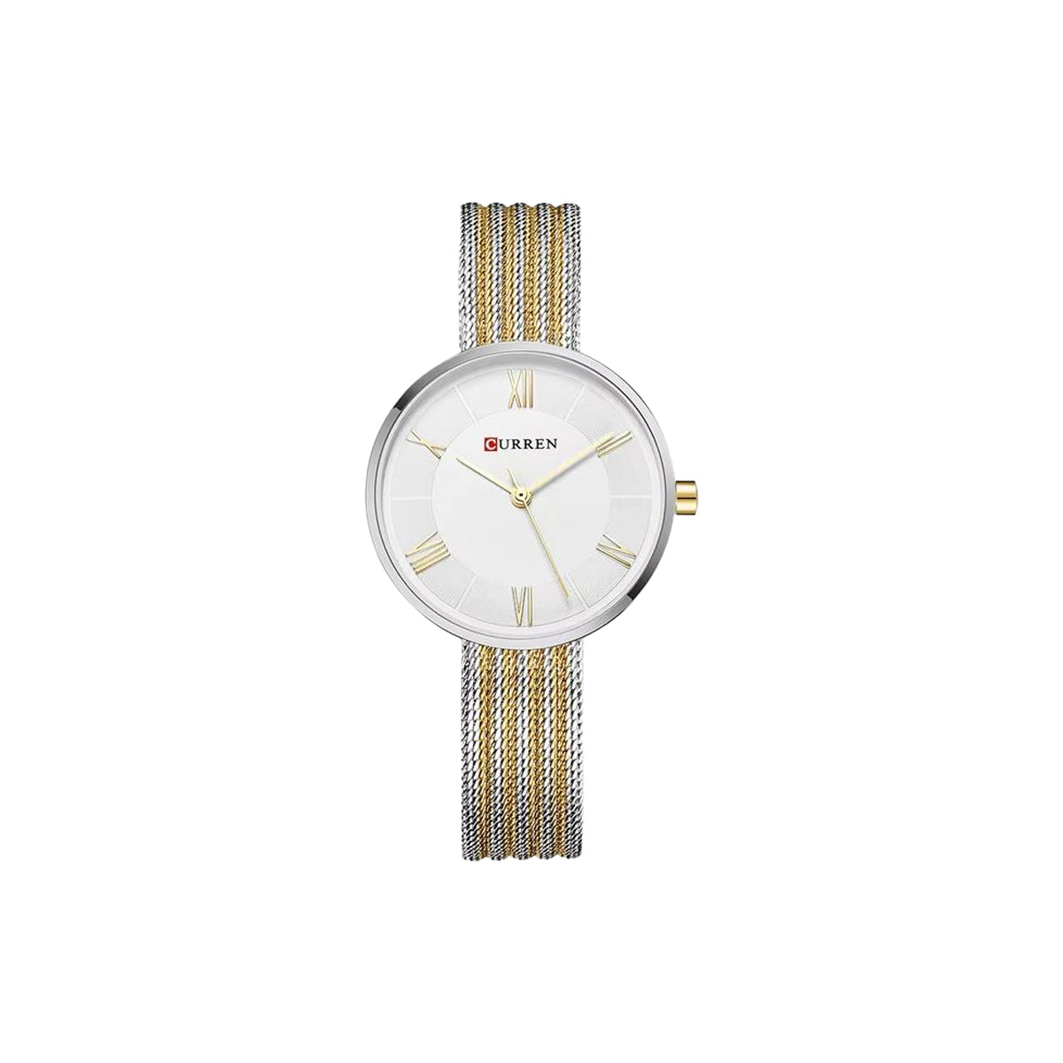 Watch with silver and gold mesh band on a white background