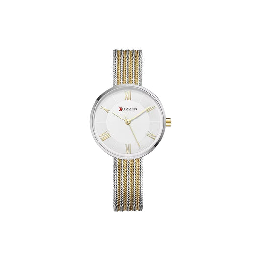 Watch with silver and gold mesh band on a white background