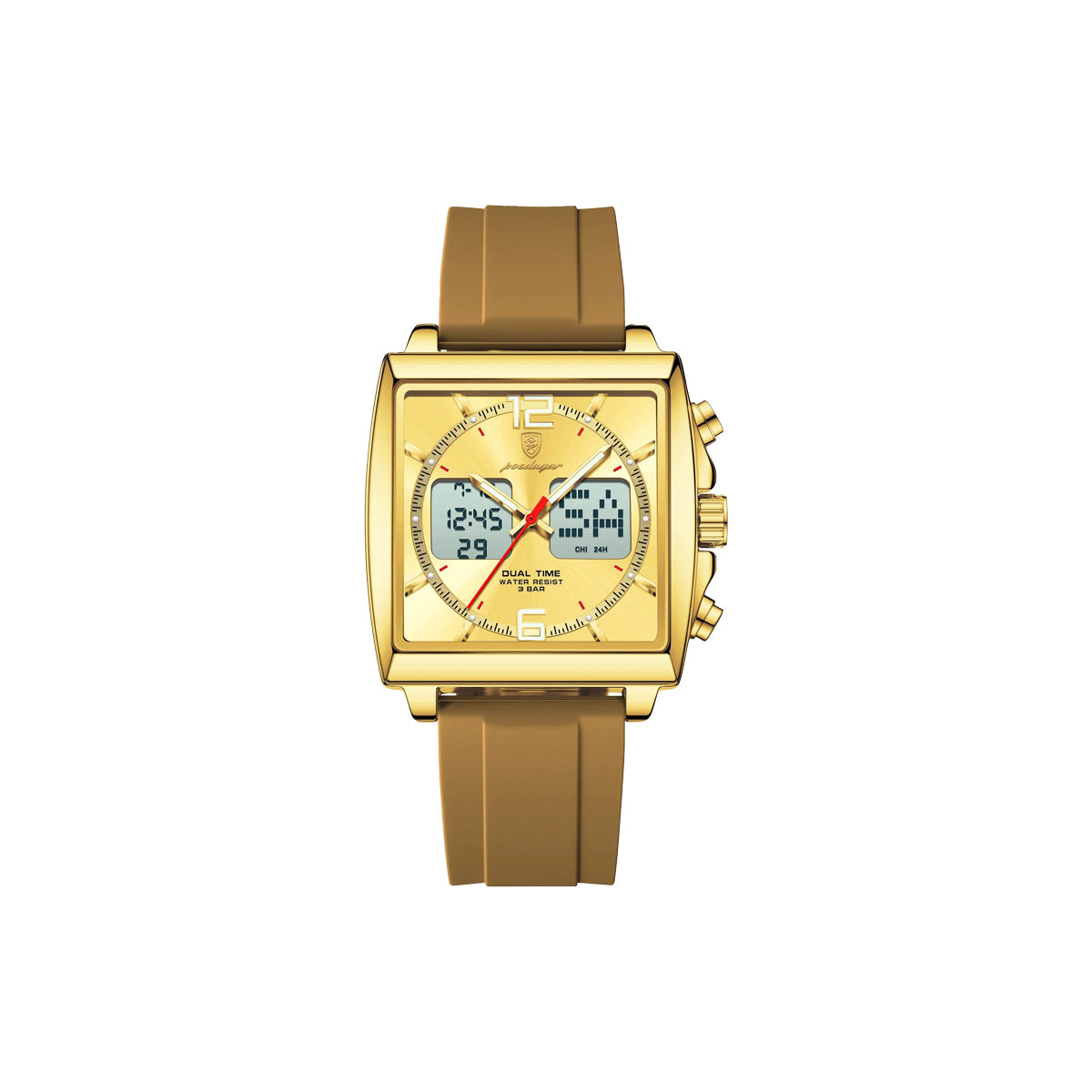 Gold wristwatch with digital display on a white background