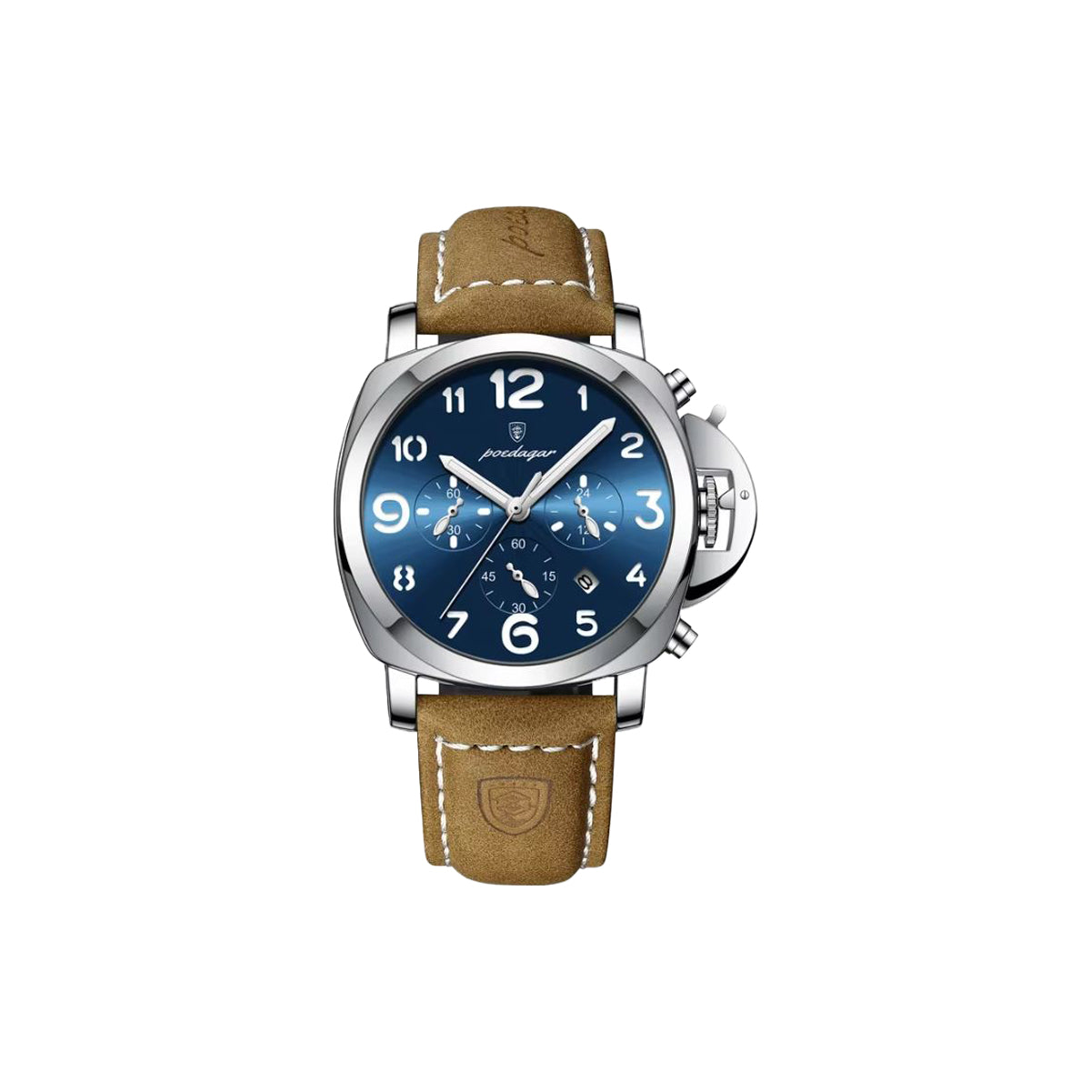 Watch with brown leather strap and blue dial on a white background